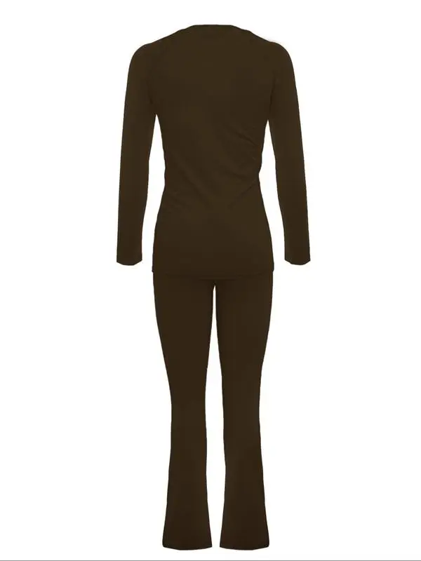 Women's Fashion New Round Neck Solid Color Patch Long Sleeve Top & Pants Set, Two-Piece for Casual Wear