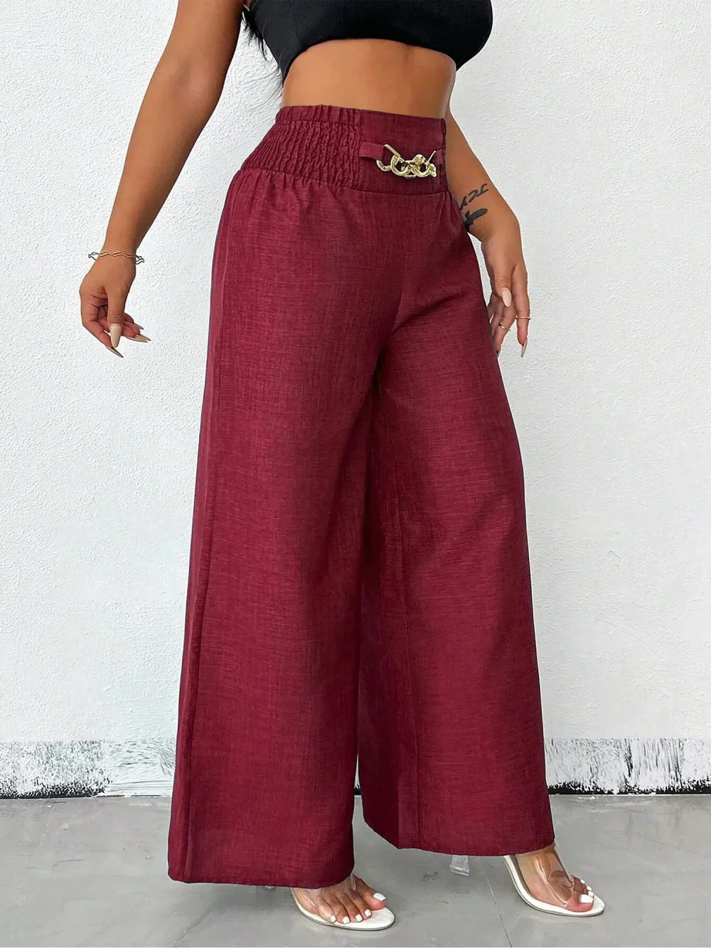 Women's Solid Color High-Waisted Pants, Stretchable Loose-Fitting Wide-Leg Trousers