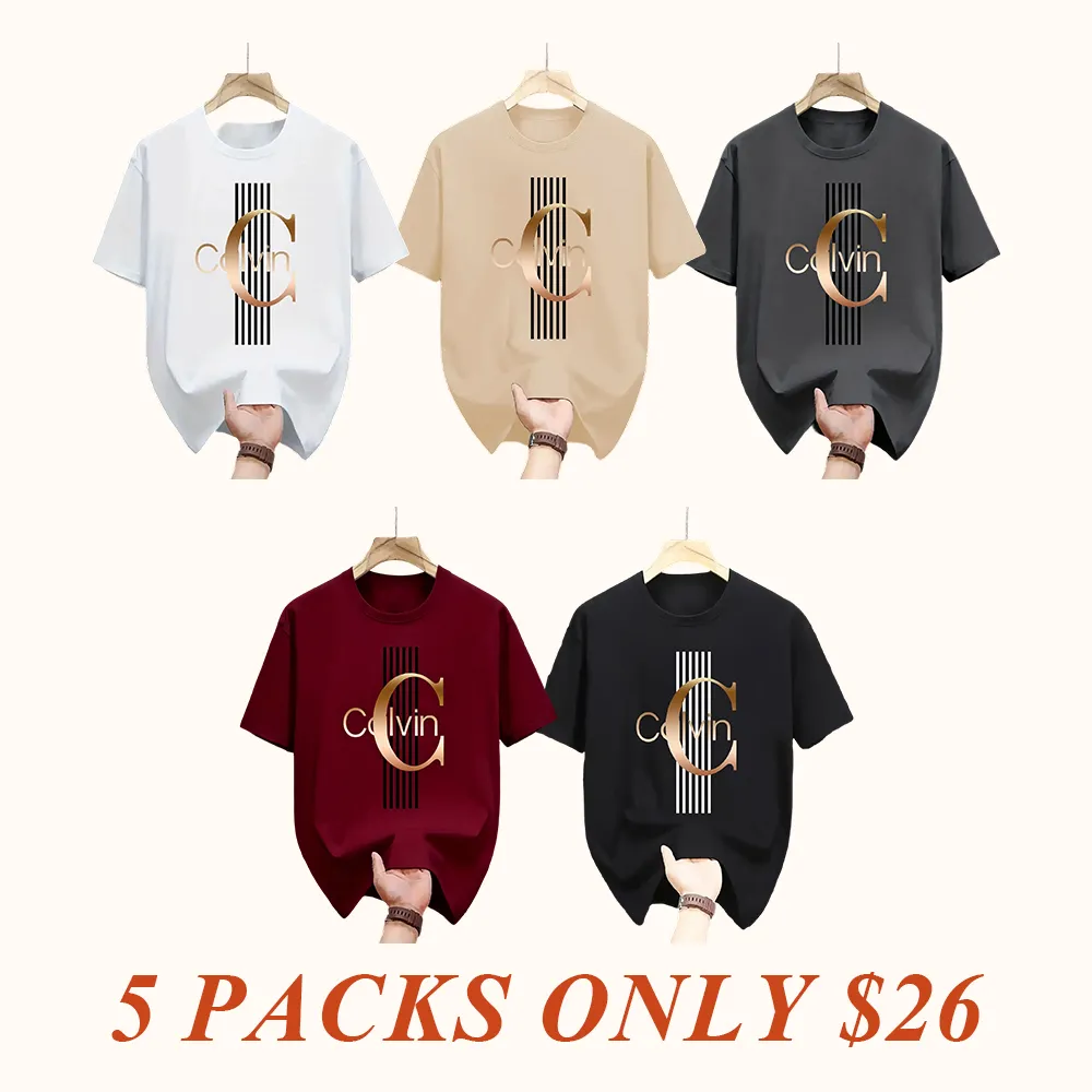 Men'S Casual Calvin Graphic T-Shirt - Bold Letter Print with Black Stripes & Golden Accents, Breathable Round Neck Summer Streetwear