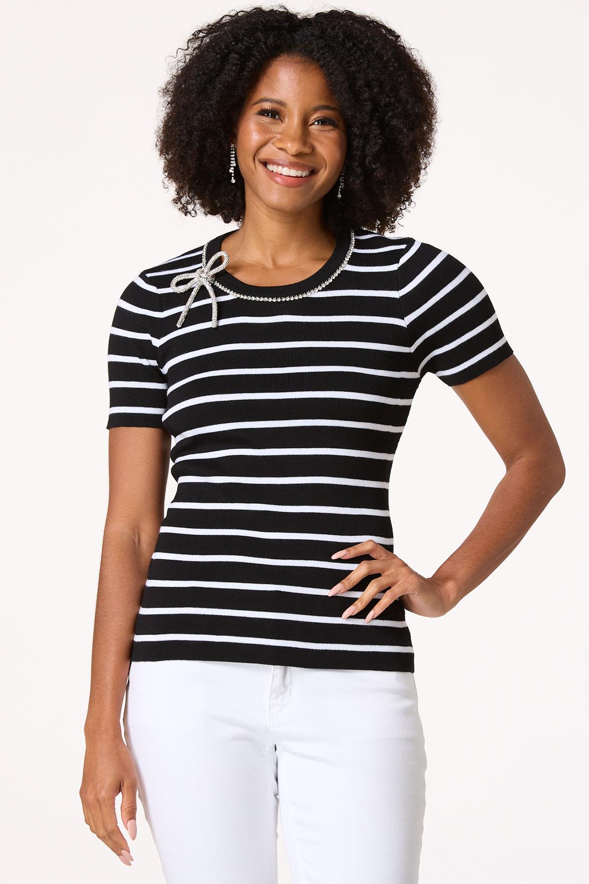 Black White Rhinestone Trim Sweater