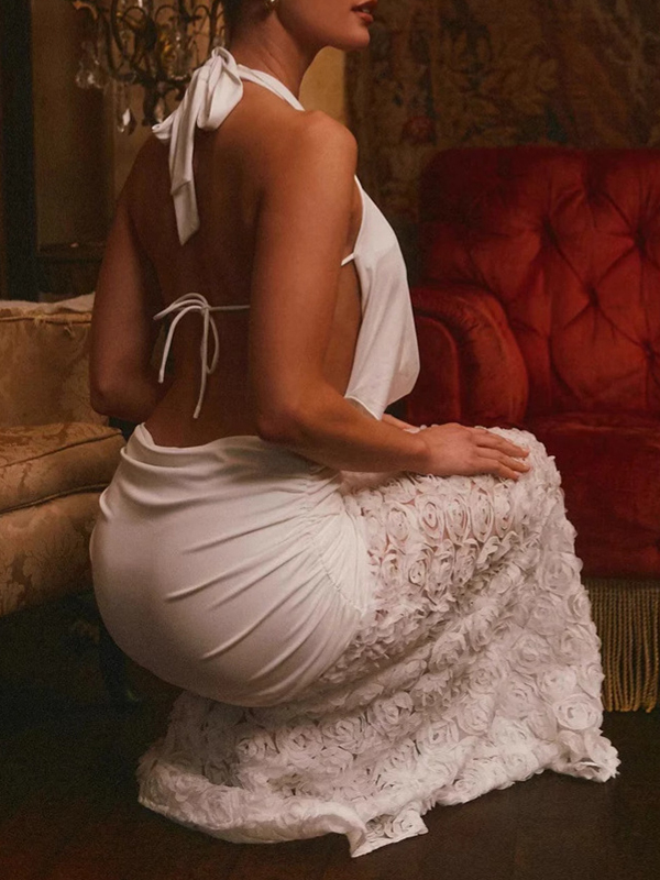 3D Flower Mesh Splicing Sleeveless Halterneck Sexy Memaid Maxi Dresses