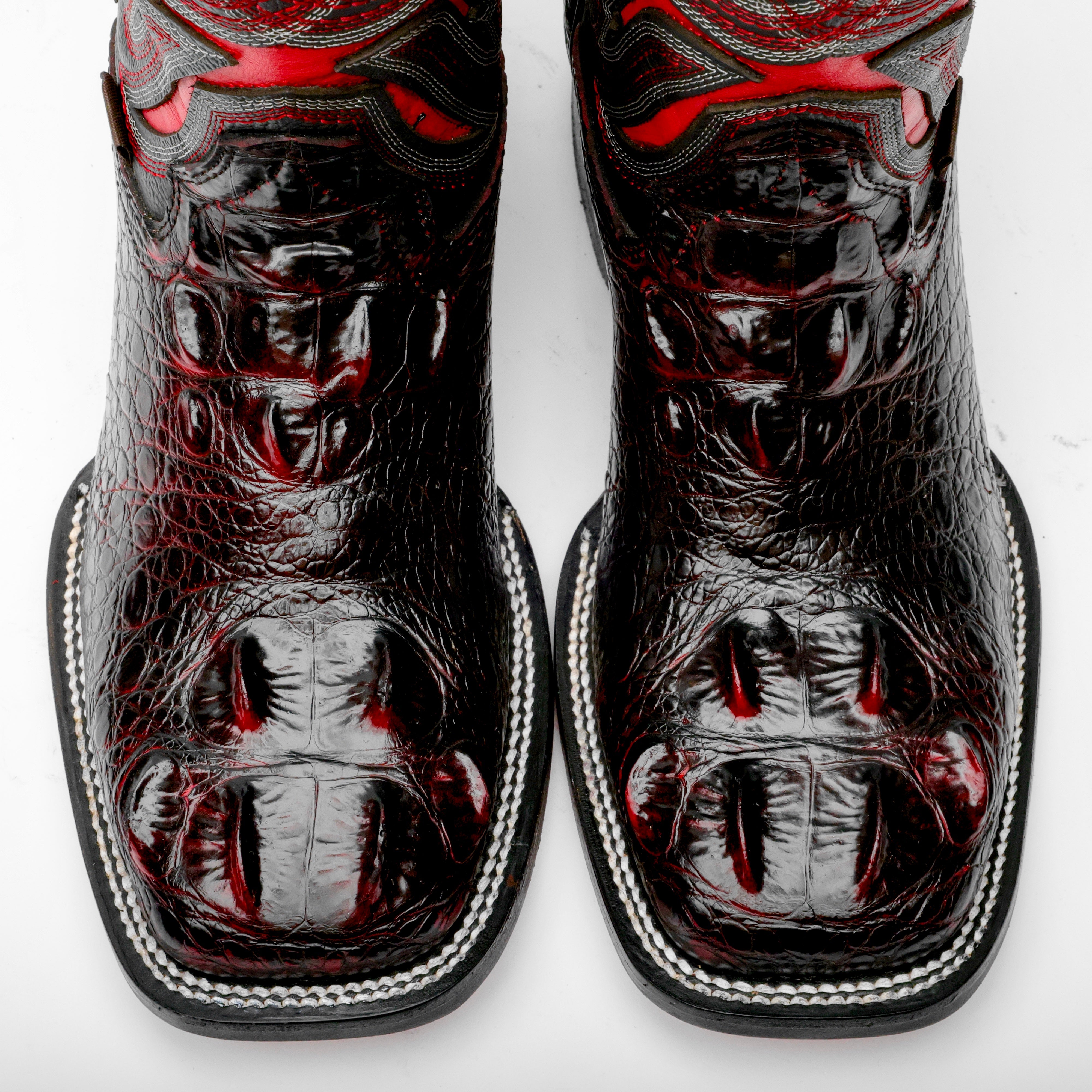 Black Cherry Giant Caiman Neck Leather Boots - Square Toe