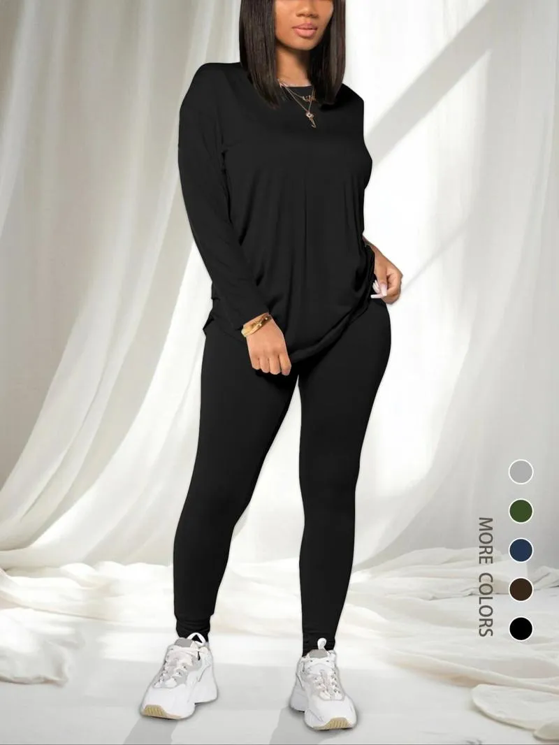 Women's Solid Drop Shoulder Tee & Elastic Waist Skinny Pants Two-piece Set