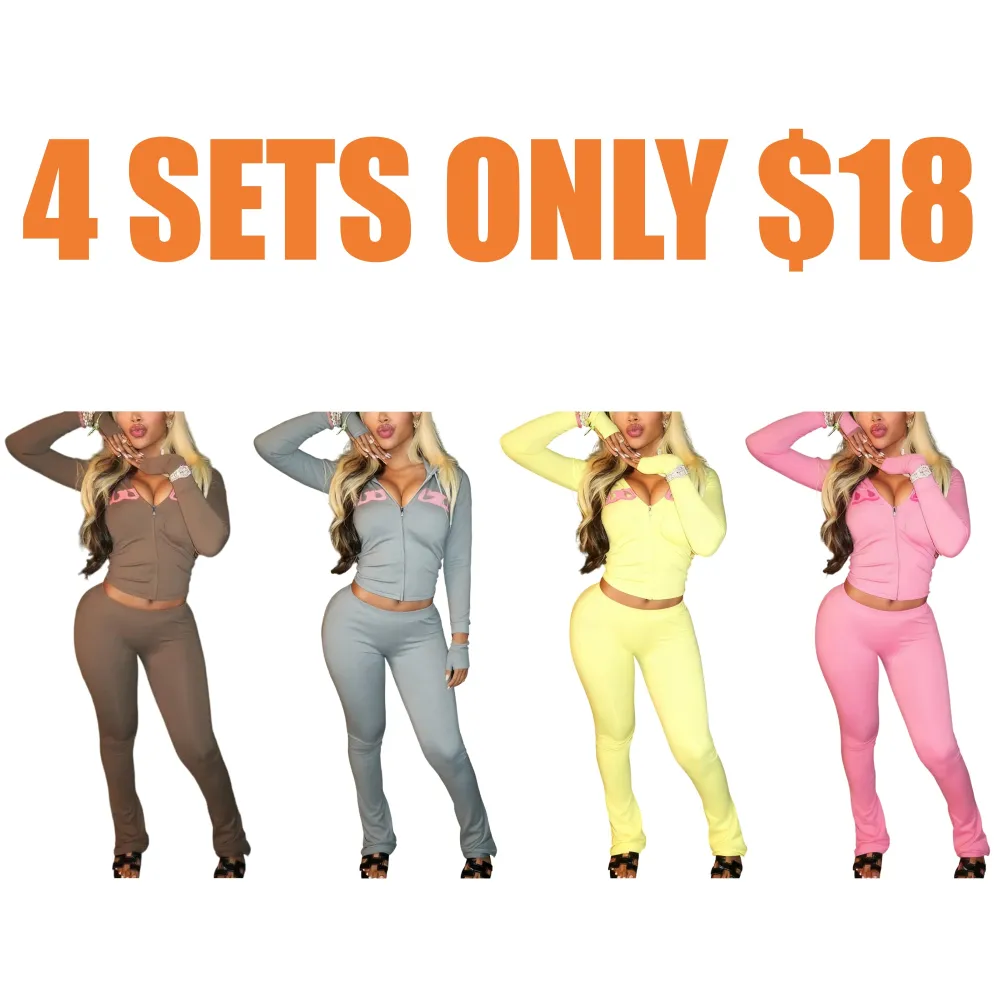 Women's Fall Winter Hooded Letter Print Zipper Jacket and Pants Set