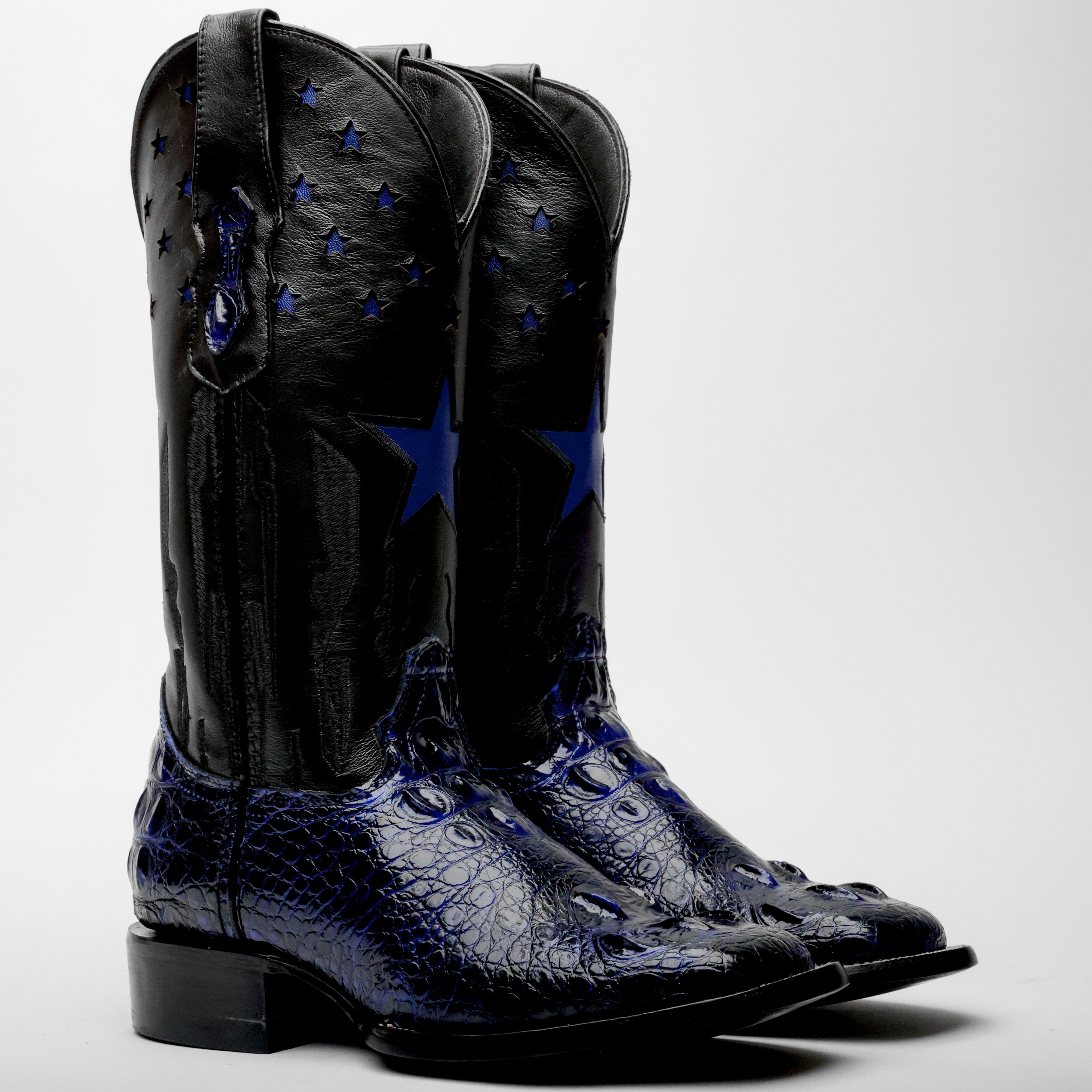 Royal Blue Giant Caiman Hornback Leather Boots - Square Toe
