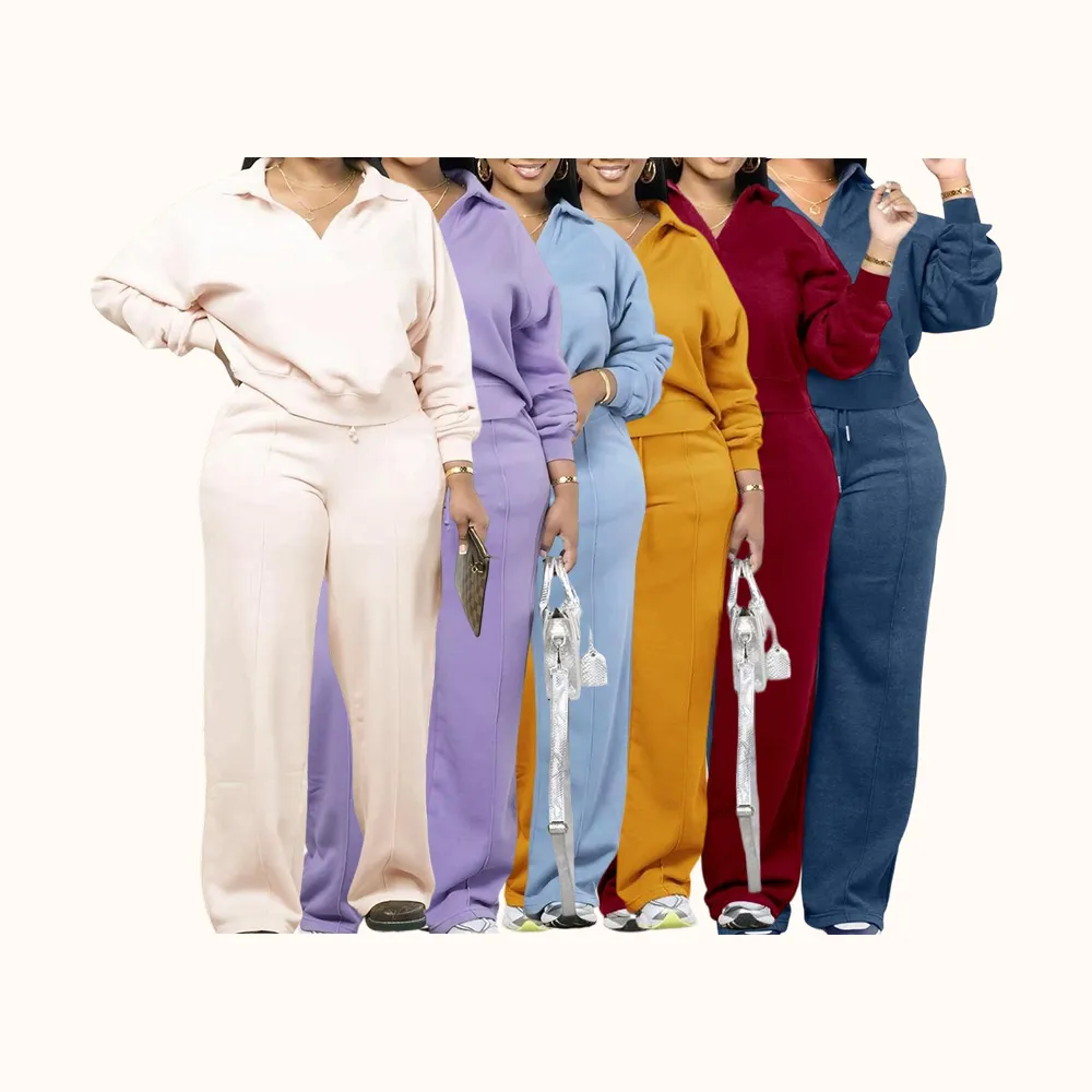 Women's Solid Long Sleeve Sweatshirt & Drawstring Waist Pants Set