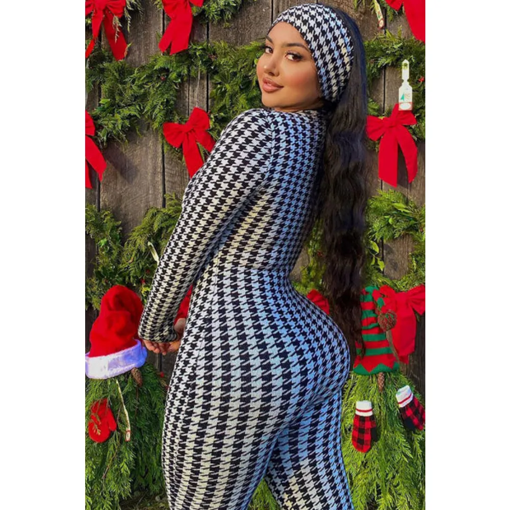 Women's timeless houndstooth jumpsuit with zipper closure