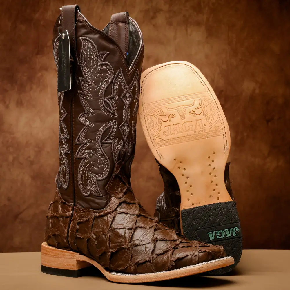 Matte Brown Jumbo Pirarucu Leather Boots - Square Toe