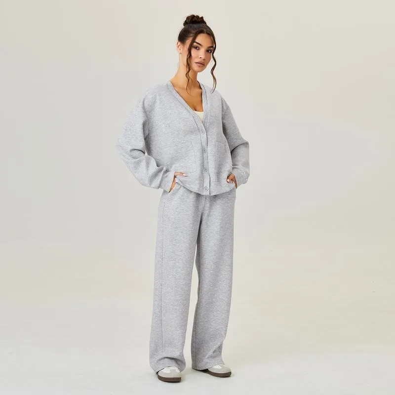 Women's Slouchy Solid Color V Neck Long Sleeve Button Cardigan & Drawstring Waist Trousers Co-ord