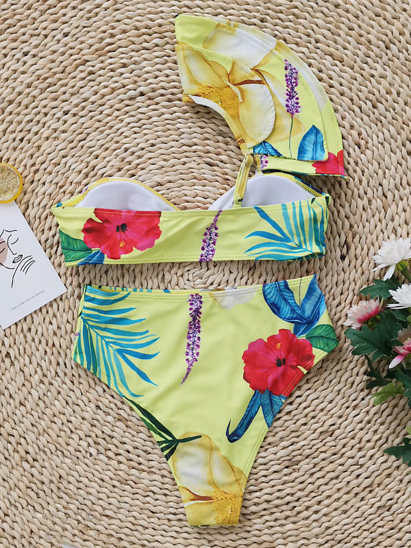 One-Shoulder Falbala High-Waisted Bikini Swimwear