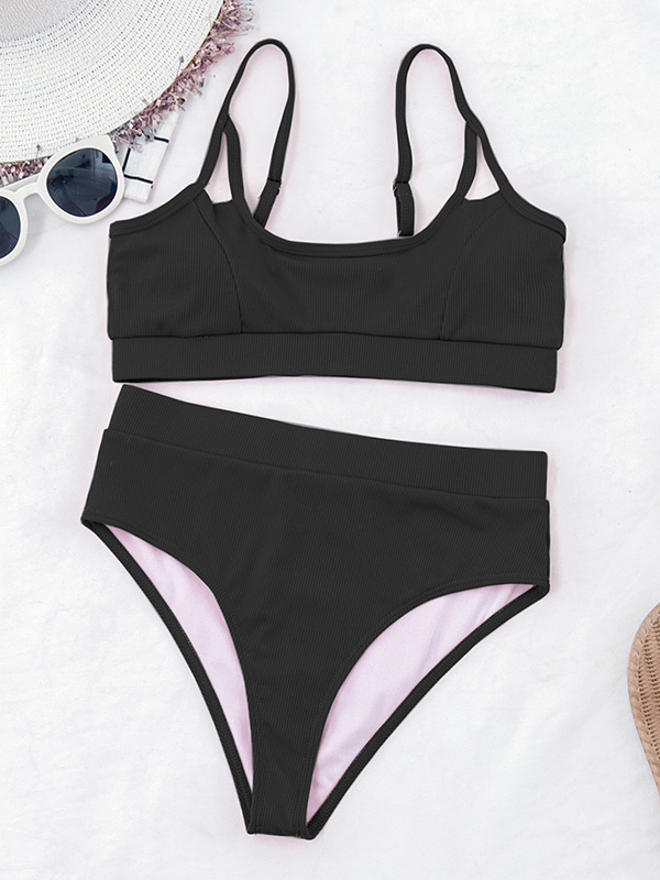 Spaghetti-Neck Padded Bralette High-Waisted Solid Color Bikini Swimwear