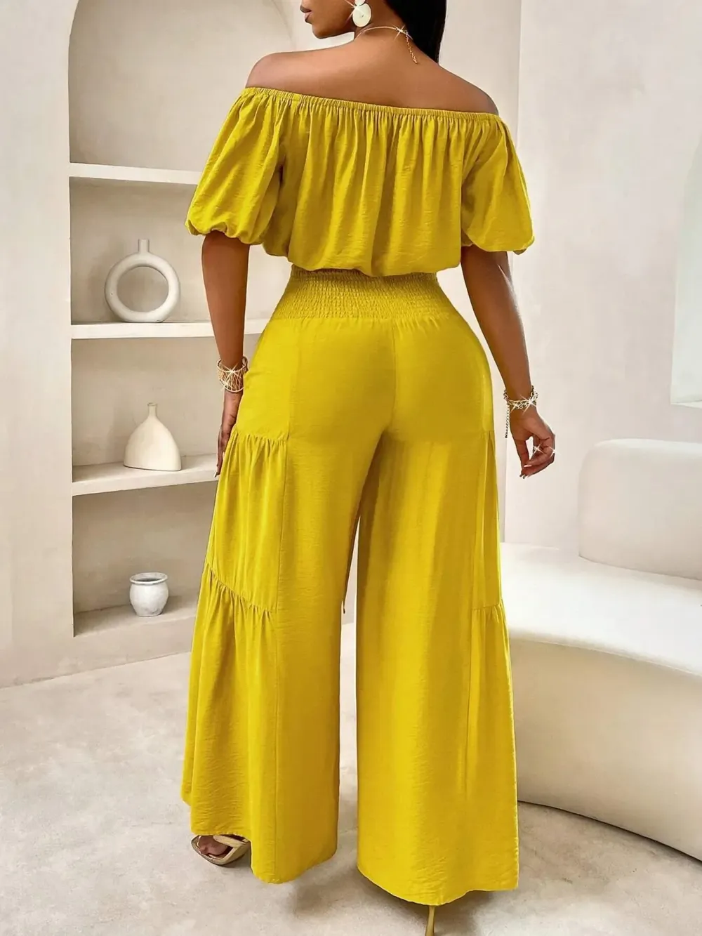 Women's Solid Color Top & Wide Leg Pants Set, Casual Off Shoulder Top & Palazzo Pants for Summer