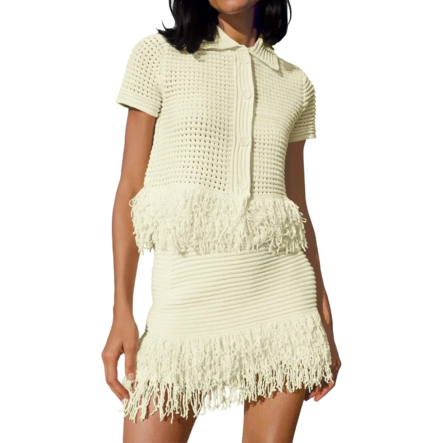 Womens 2 Piece Crochet Outfits Short Sleeve Button Knit Sweater Tops Fringe Skirt Summer Vacation Sets Beach Cover Ups