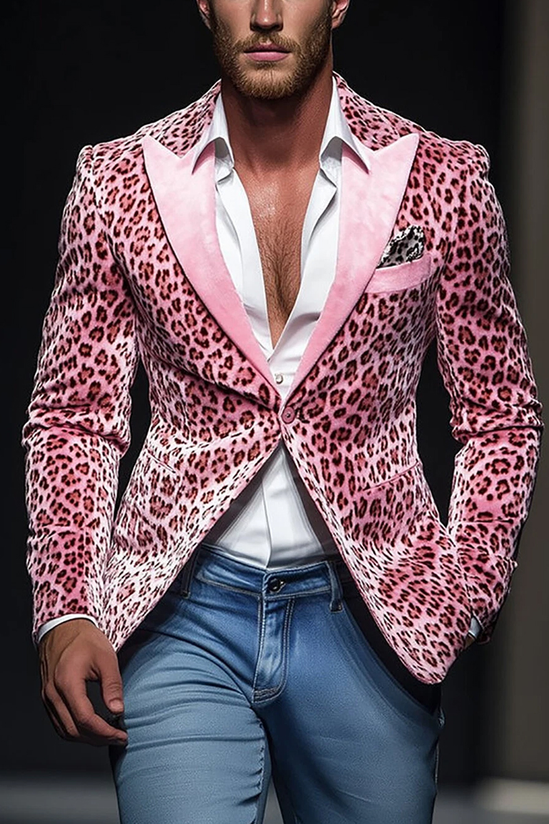Men's Pink Leopard Print Single-Breasted Blazer