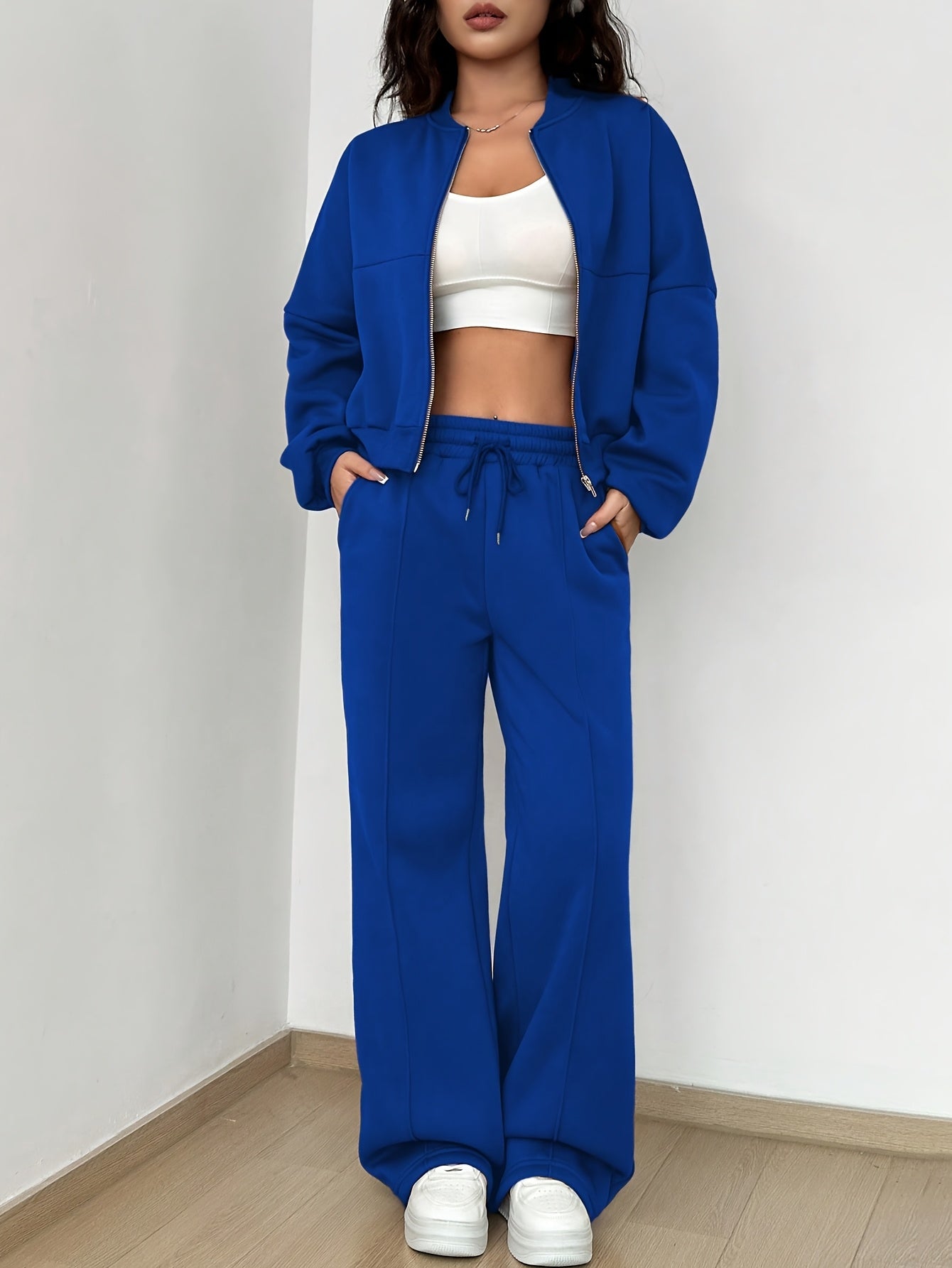 Zip-up Collarless‌ Cardigan Pants Set