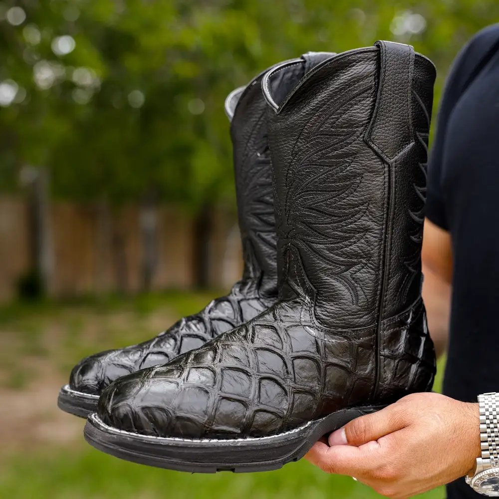 Black Pirarucu Leather Boots With 3D Lightweight BLACK EDITION Sole - Composite Toe