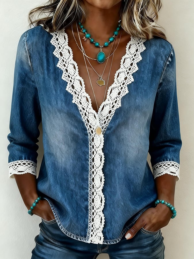 Women'S Casual V-Neck Lace Patch Denim Shirt