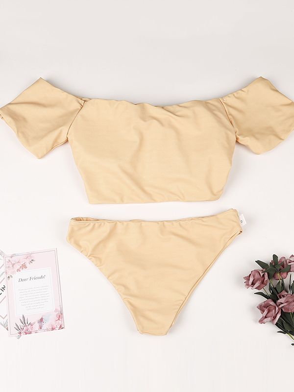 Solid Color Short Sleeves Off-The-Shoulder Bikini Swimsuit