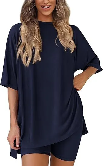 Women's Two Piece Lounge Set 2026 Summer Casual Oversized Shirts
