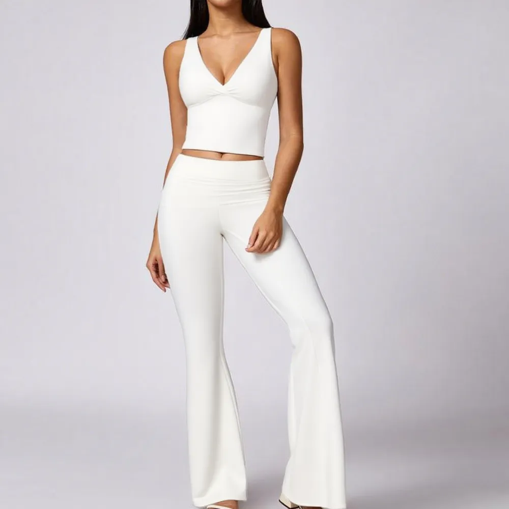 Women's 2-Piece Deep V Neck U-Back Tank & High-Waist Flared Leggings Set