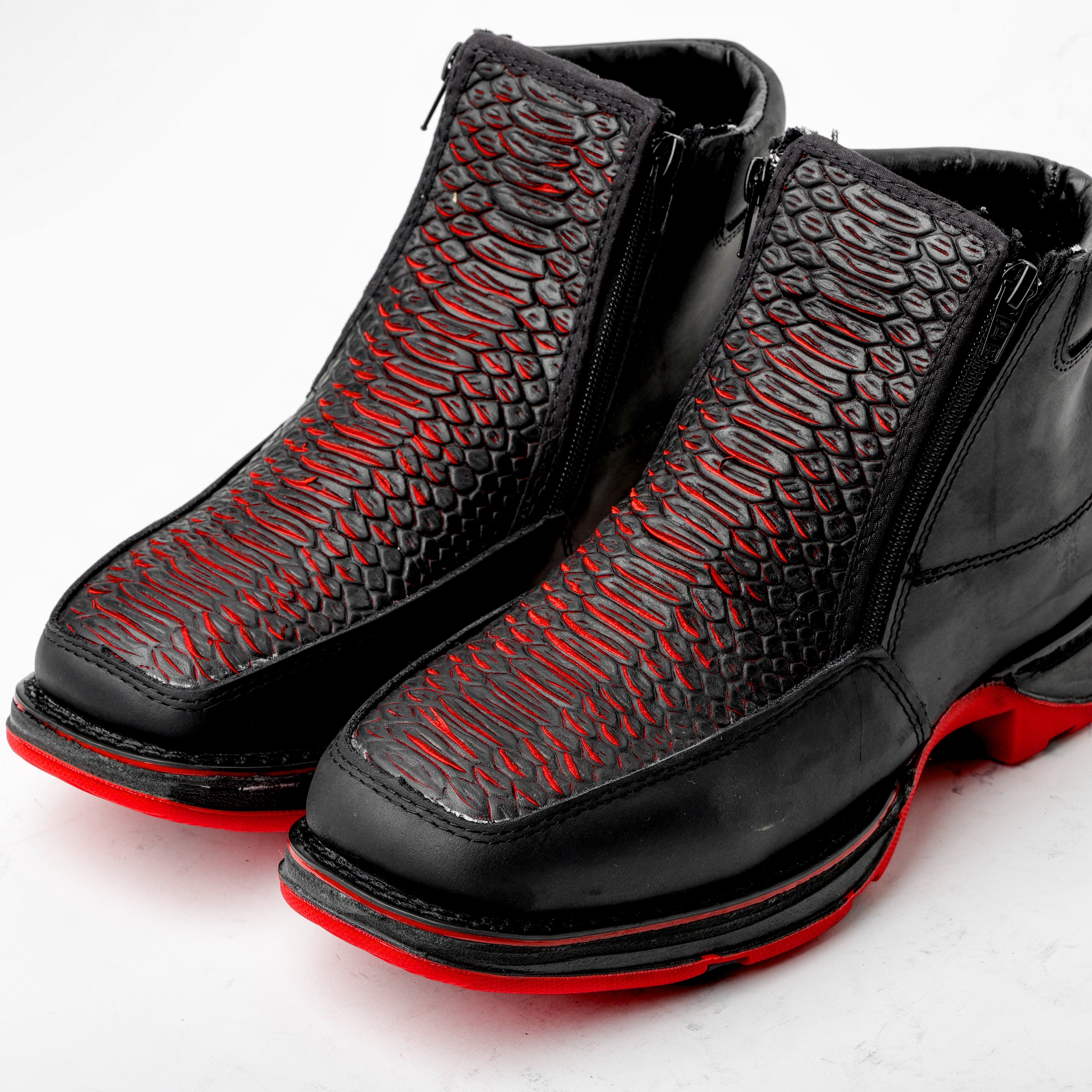 Black/Red Python Leather Botin With 3D Lightweight Soles - Square Toe