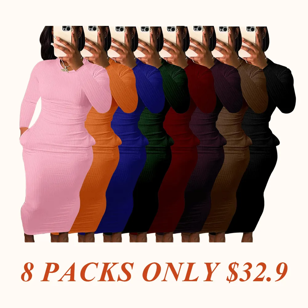 Women's Long Sleeve Pocket Dress, Breathable Elastic Multi-Color Party Casual Travel Pure Color Maxi Dress