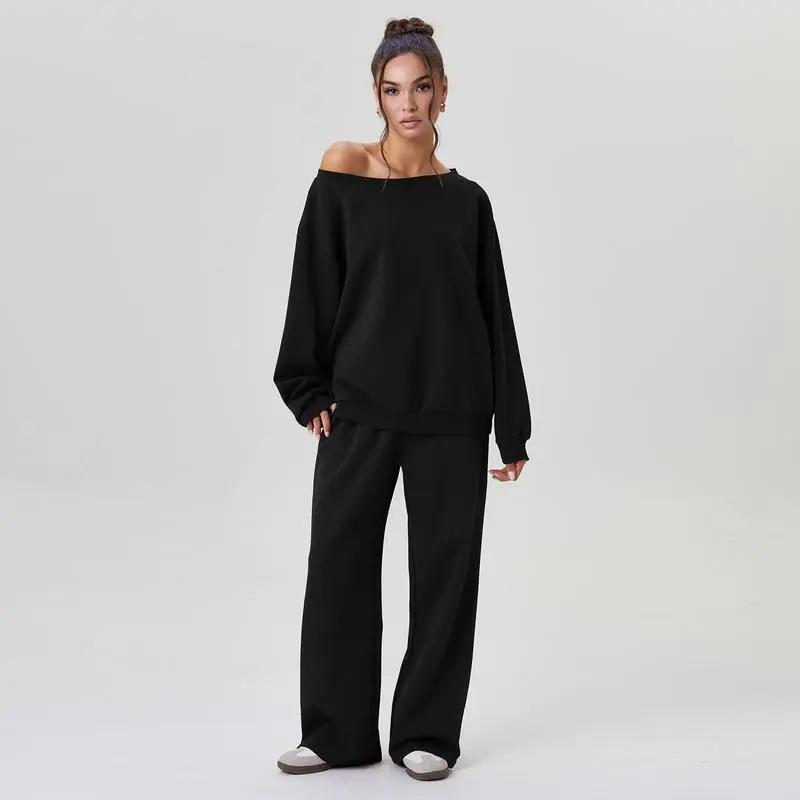 🔥8-PACKS 🔥Women's Leisure Solid Color Sloping Shoulder Long Sleeve Top & Wide Leg Trousers