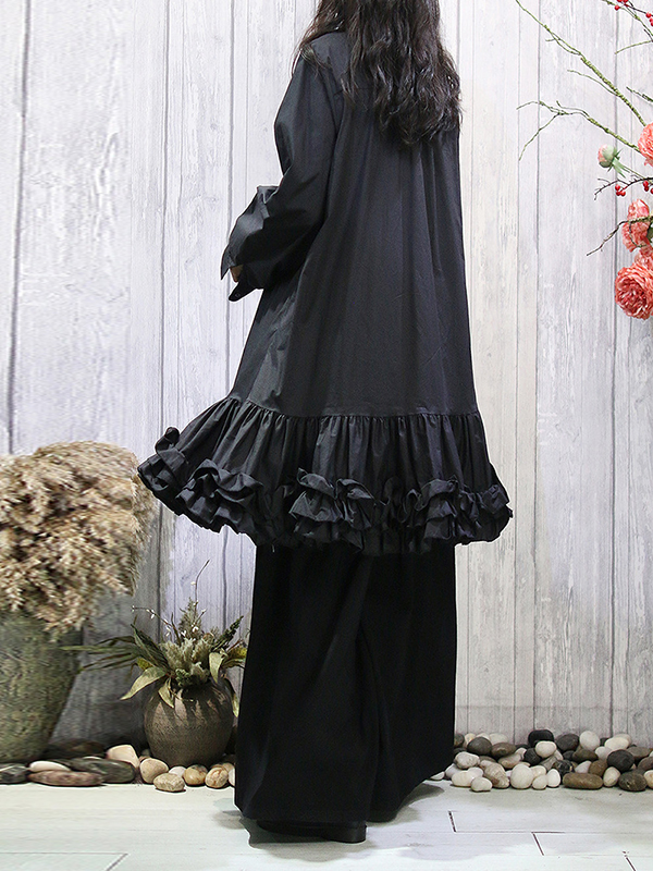 Buttoned Pleated Ruffled Solid Color Long Sleeves Loose Lapel Shirt Dress Midi Dresses