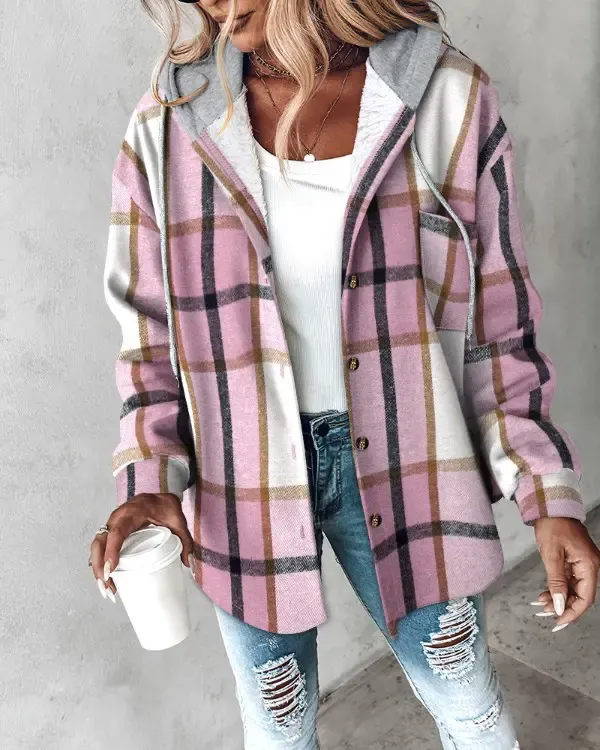 Plaid Pattern Long Sleeve Shacket Button Down Fleece Lined Hooded Jackets Warm Coat
