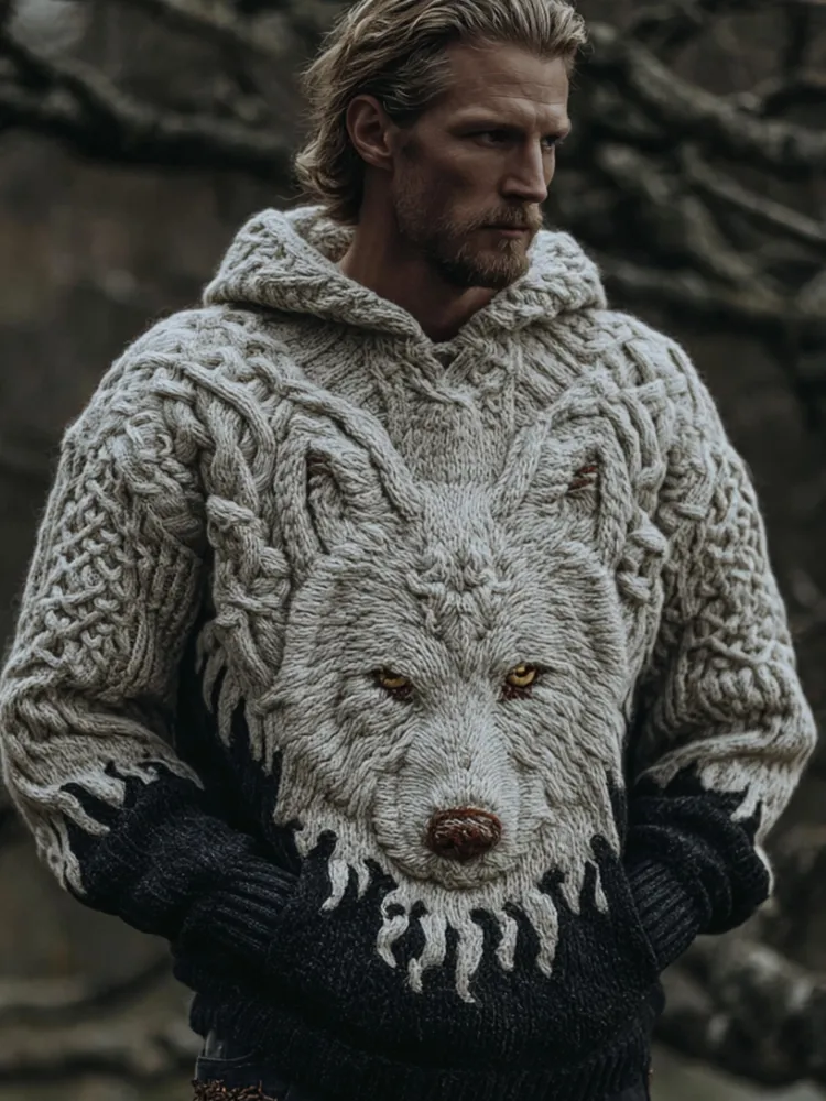 Men's Viking Style Wolf Headed Hooded Sweater