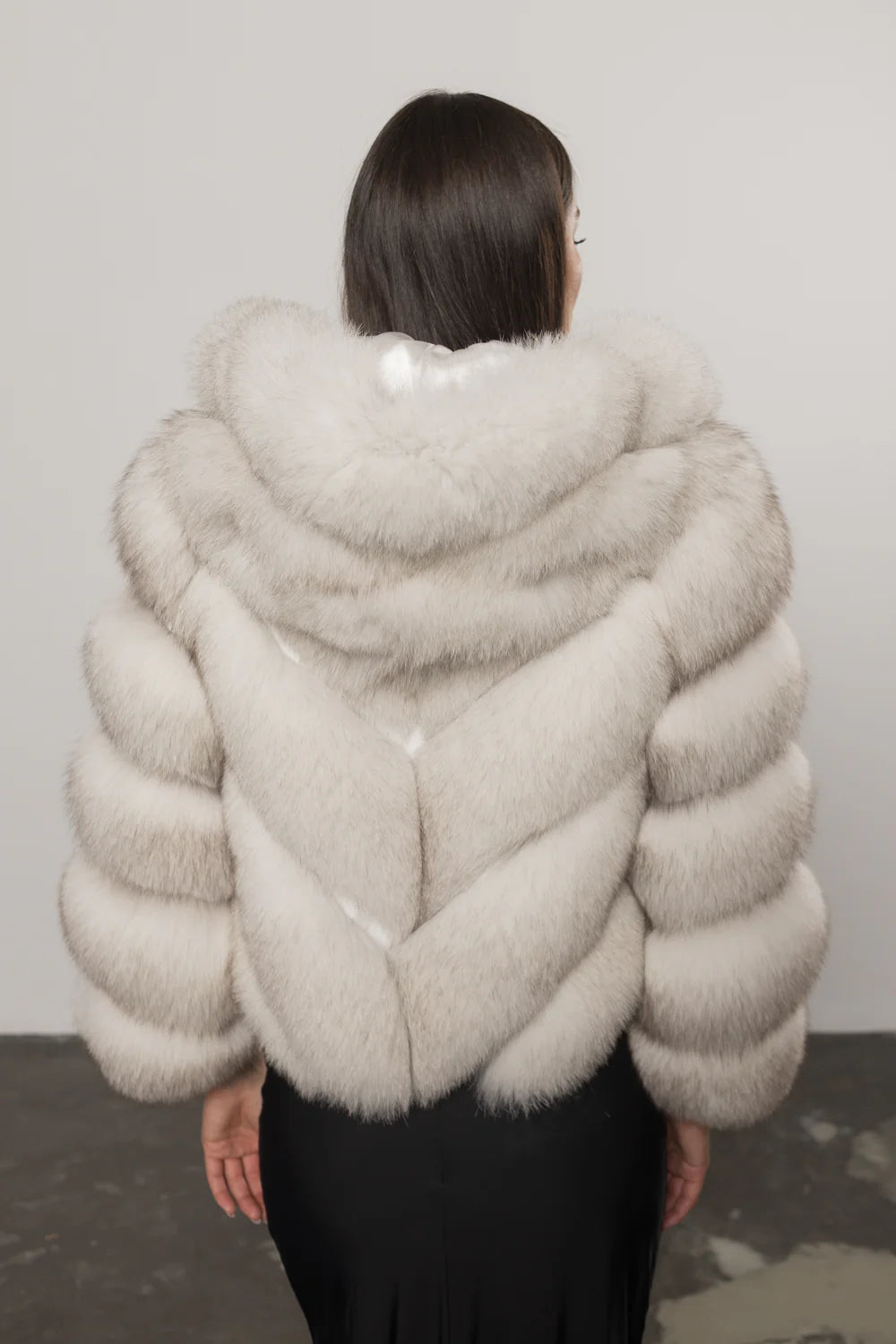 Haină din Blană Naturală de Vulpe Polară, Transformabilă, V Model, cu Glugă Detașabilă, Femei, Natural White 402