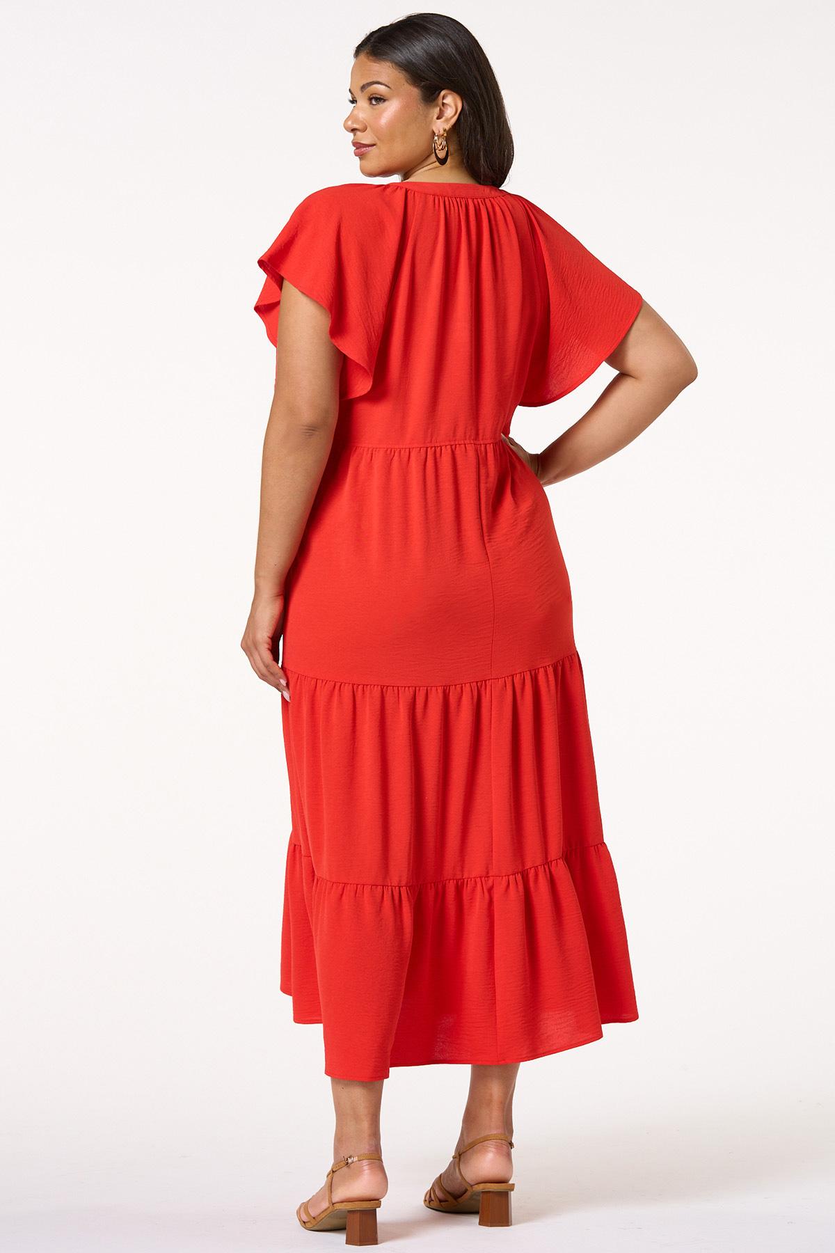 Plus Size Tiered Flutter Sleeve Midi Dress