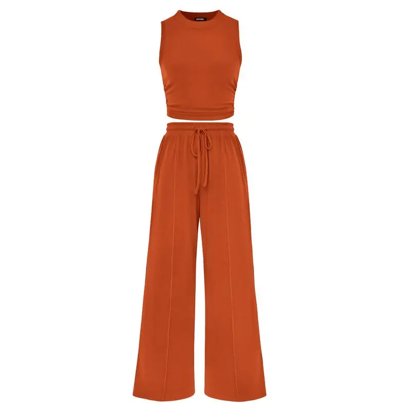 Women's Summer 2-Piece Outfits - Ribbed Knit Crew Neck Sleeveless Cropped Top & Wide Leg Pants Lounge Set