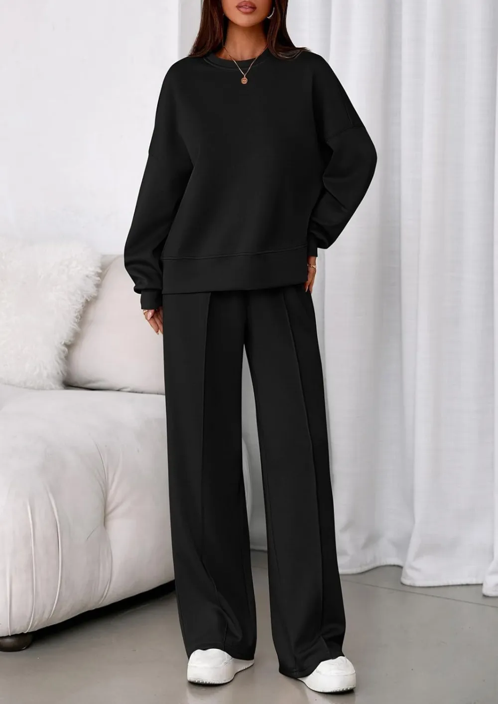 2 Piece Sets For Women Fall Trendy Long Sleeve Sweatshirt Wide Leg Pants Loungewear Set
