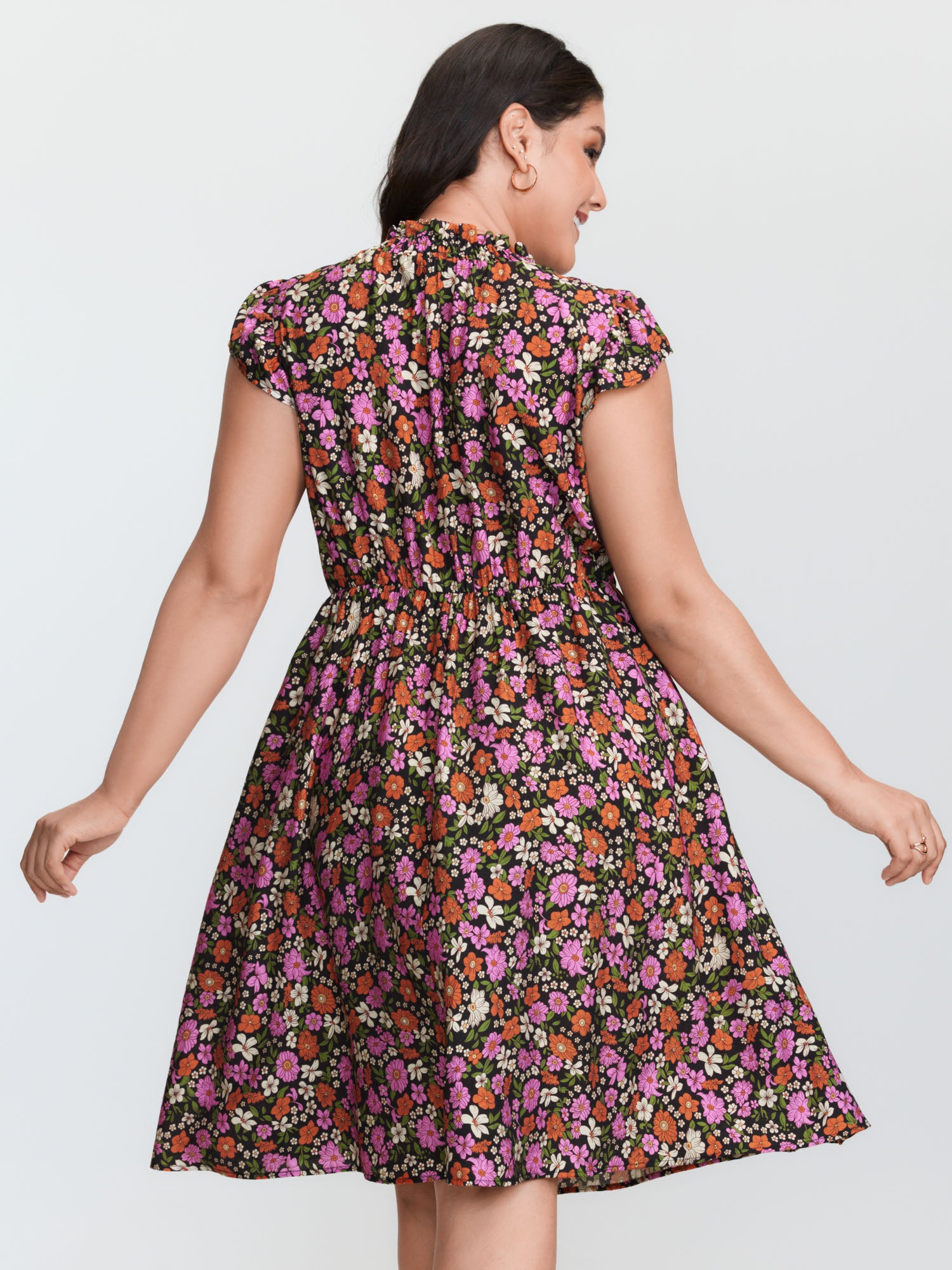 Chic Floral Print Ruffled Mock Neckline Mini Dress