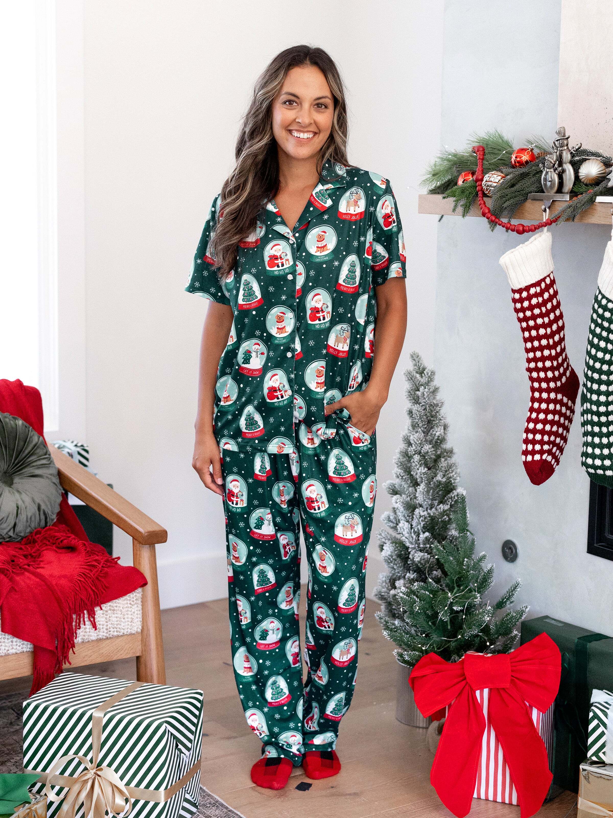 Christmas Matching Family Pajamas Set Santa Claus Christmas-themed Print PJS Turquoise
