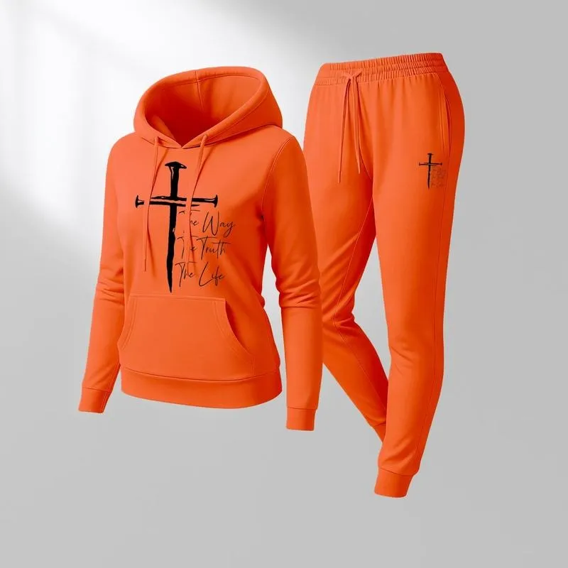 Women's Jesus on the Cross Print Hoodie And Drawstring Track Pants Set