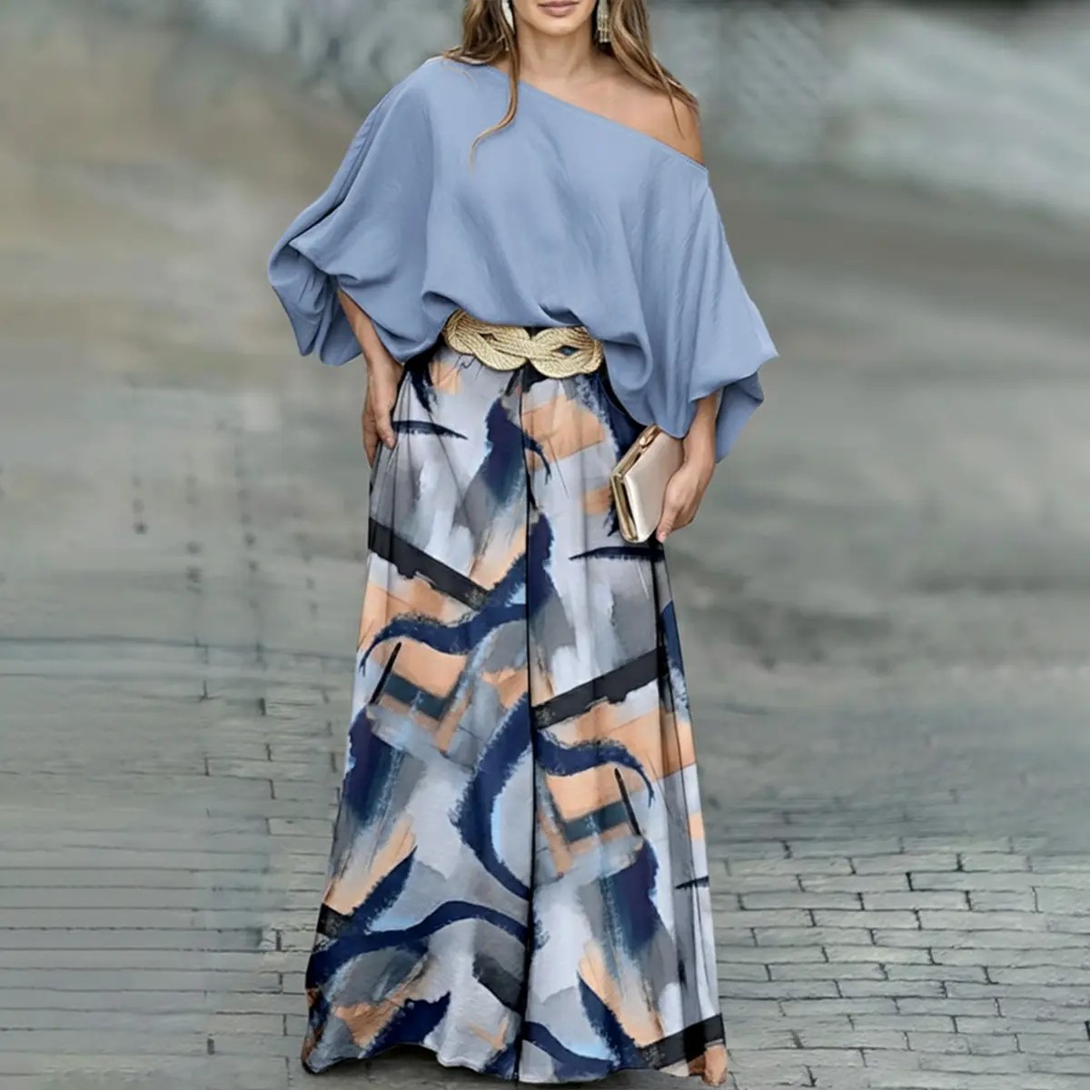 Women's Skew Neck Lantern Sleeve Top & Wide Leg Pants Set