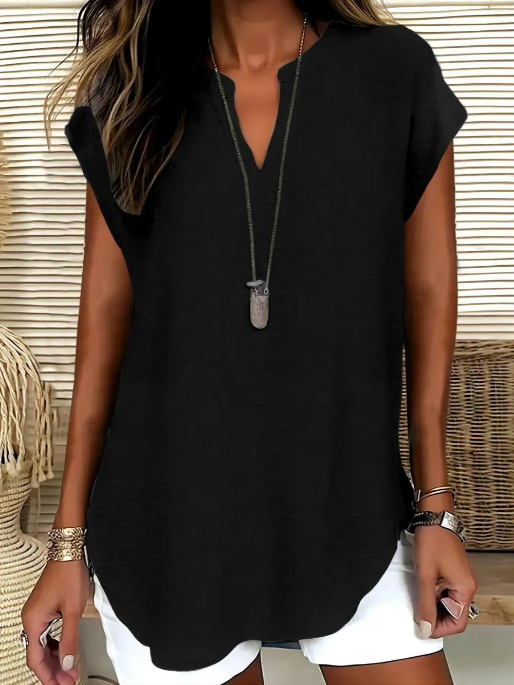 Women's Plain Notched Neck Blouse, Casual Elegant Basic Top for Summer