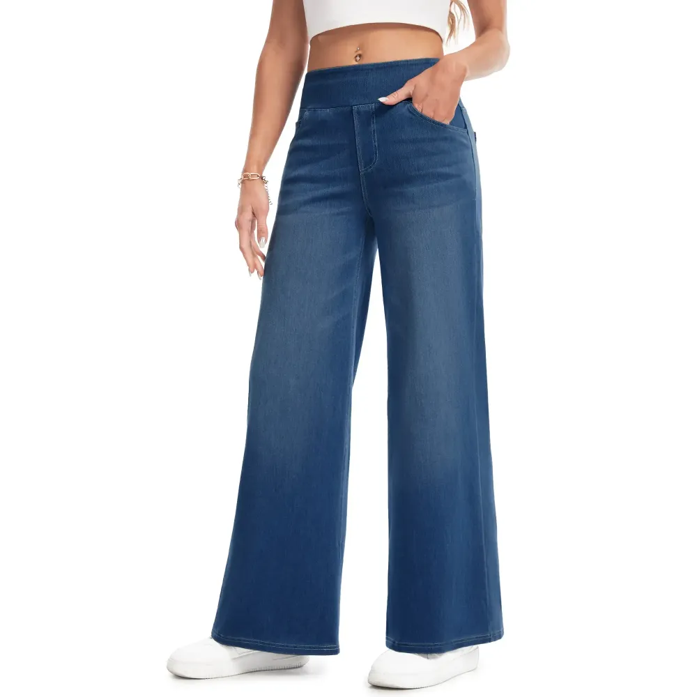 Wide Leg Stretchy Jeans for Women Loose Fit Elastic High Waist Pants