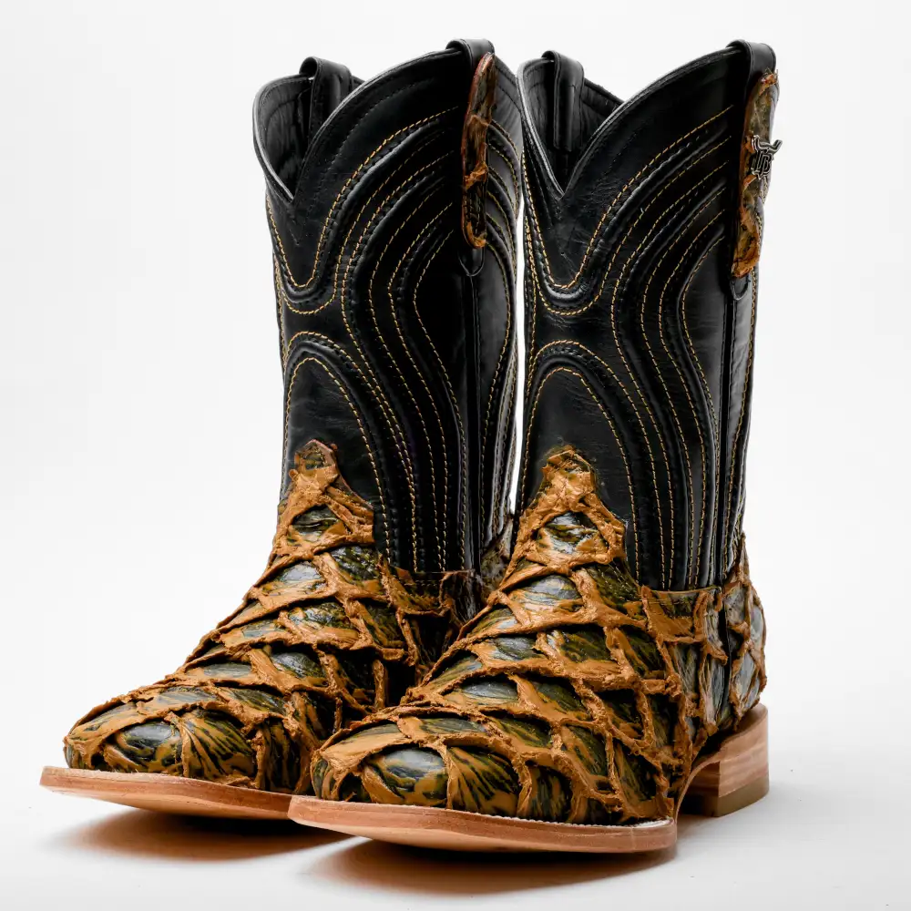 Brown Rustic Jumbo Pirarucu Leather Boots - Square Toe