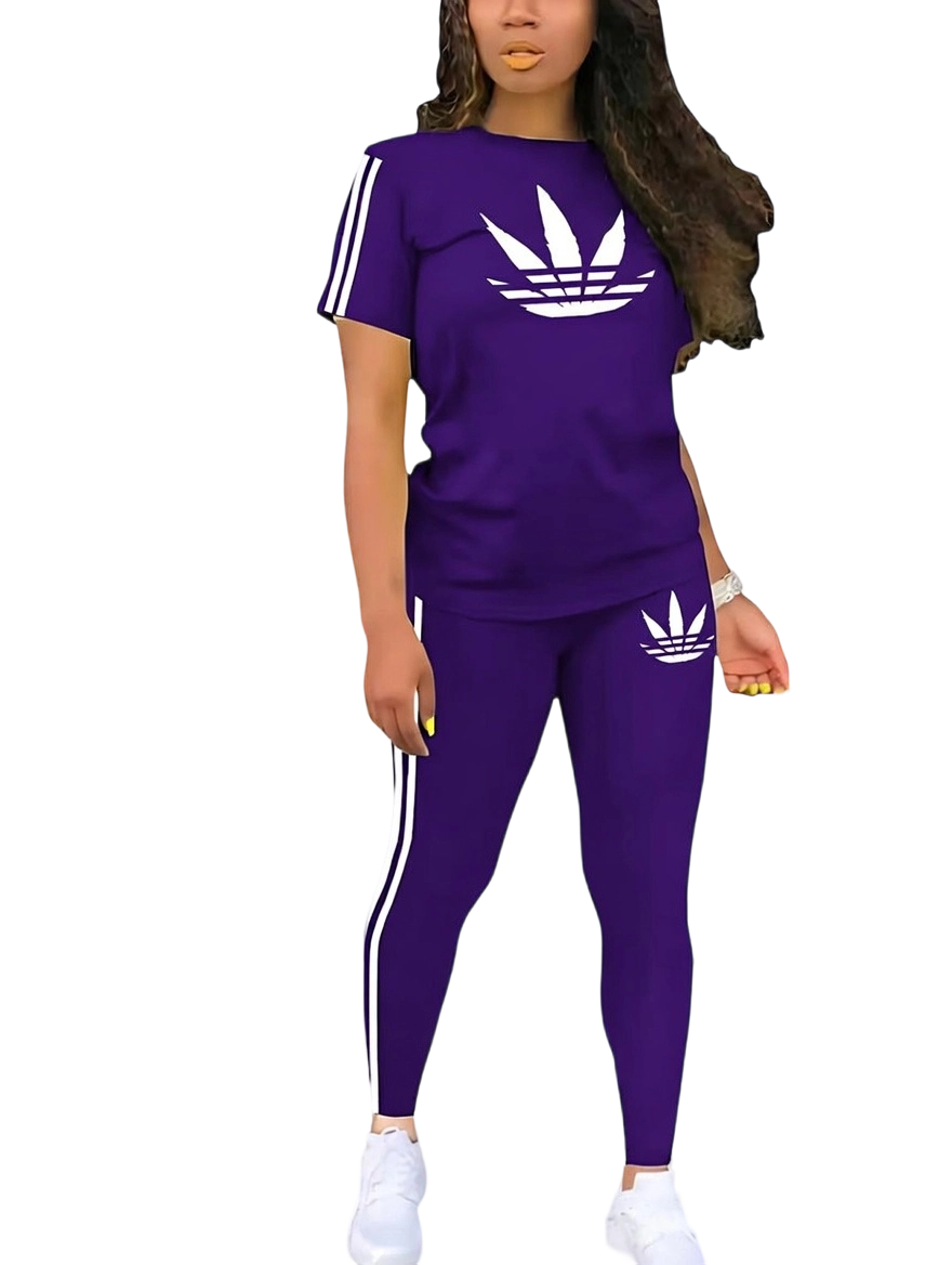 Women's Printed Casual Sporty Round Neck Drawstring Short Sleeve and Long Pants Two-Piece Set