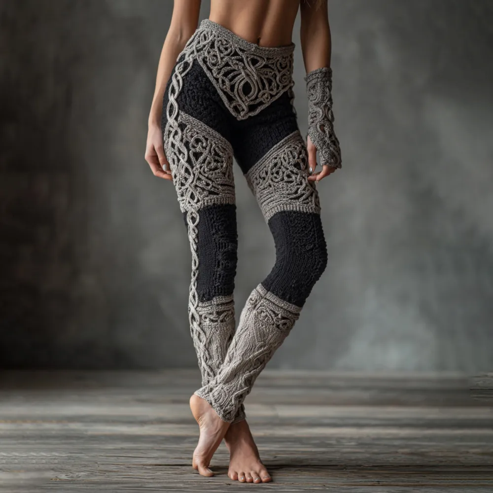 Vintage Viking Celtic Knot Art Knit Jacquard Cozy Leggings