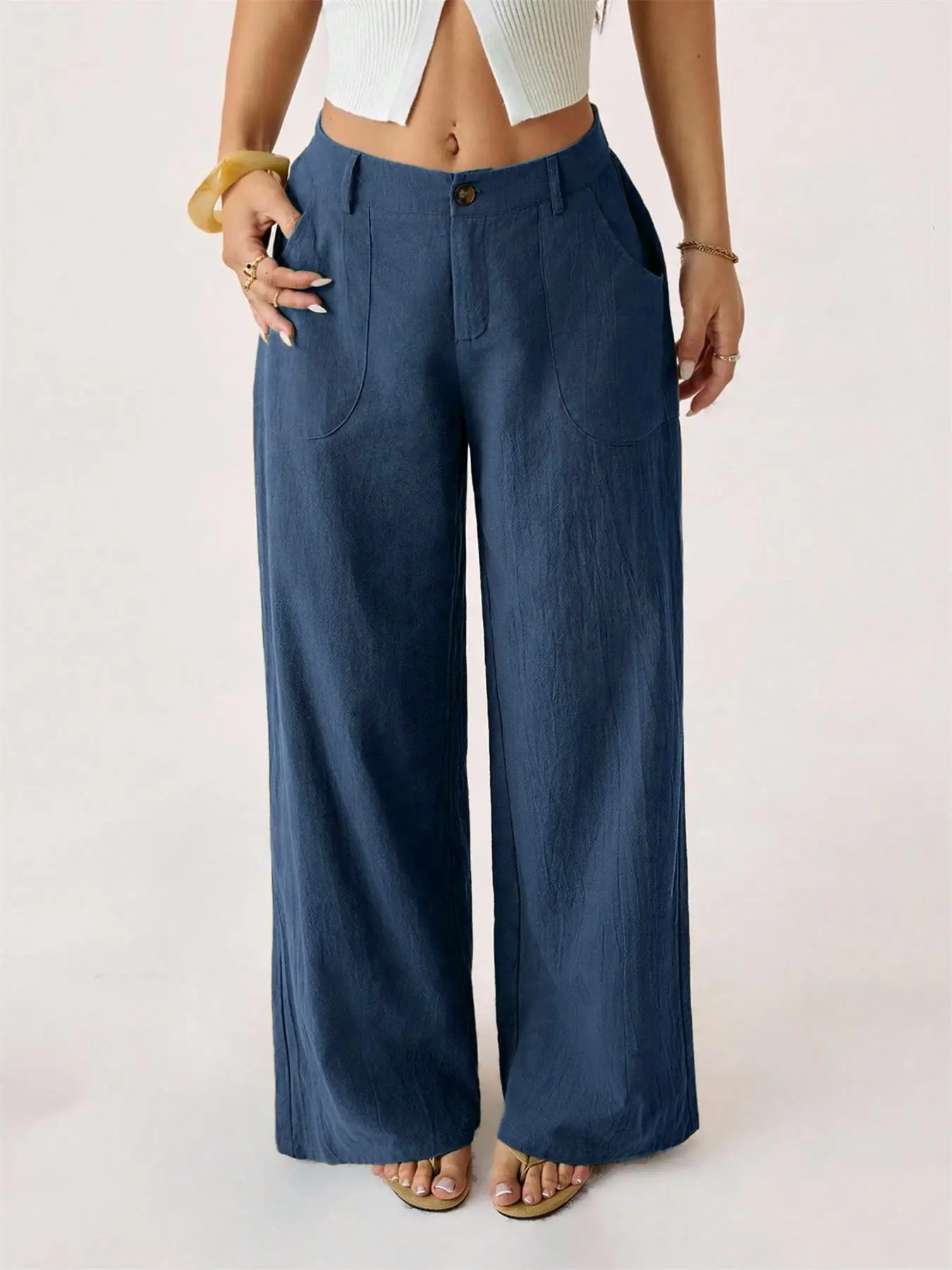 Women's Classical Linen Palazzo Pants Summer Flowy Wide Straight Leg Beach Trousers With Pocket