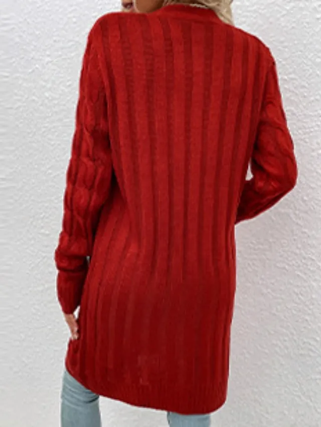 Women's Cardigan Sweater Cowl Cable Knit Faux Fur Button Pocket Summer Fall Long Daily Holiday Going out Stylish Casual Soft Long Sleeve Solid Color Black Yellow Light Green S M L