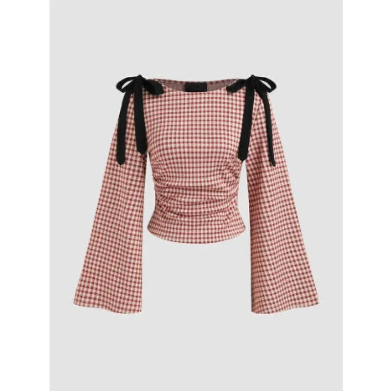 Gingham Bowknot Ruched Long Sleeve Top