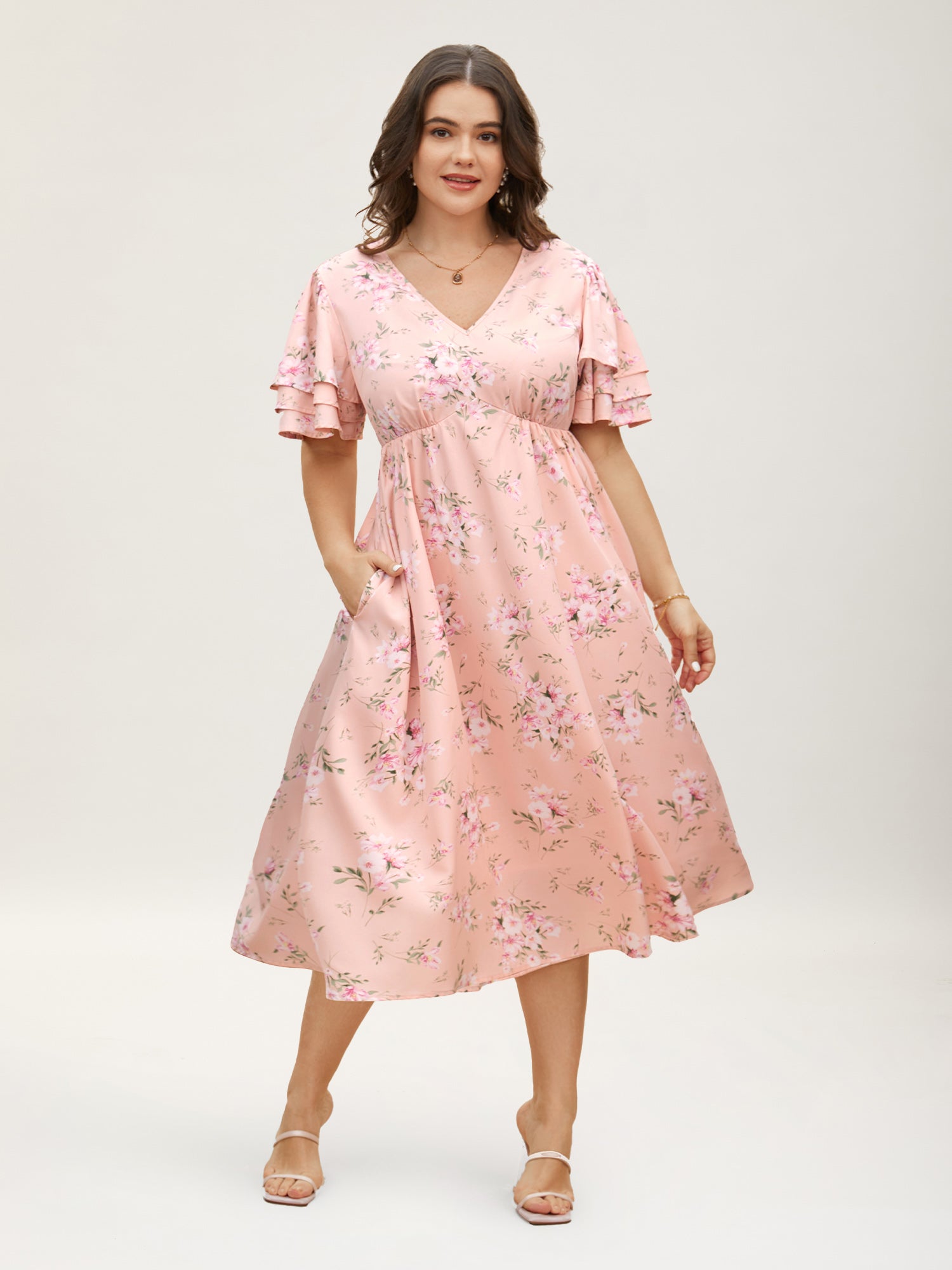 Floral Elastic Waist Tiered Ruffle Sleeve Dress