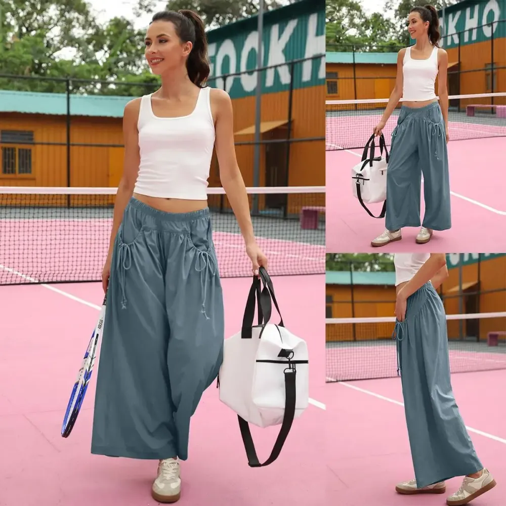 Women's Loose Wide Leg Track Pants Boho Sport Style Drawstring Pockets Elastic Waist Capri Hiking