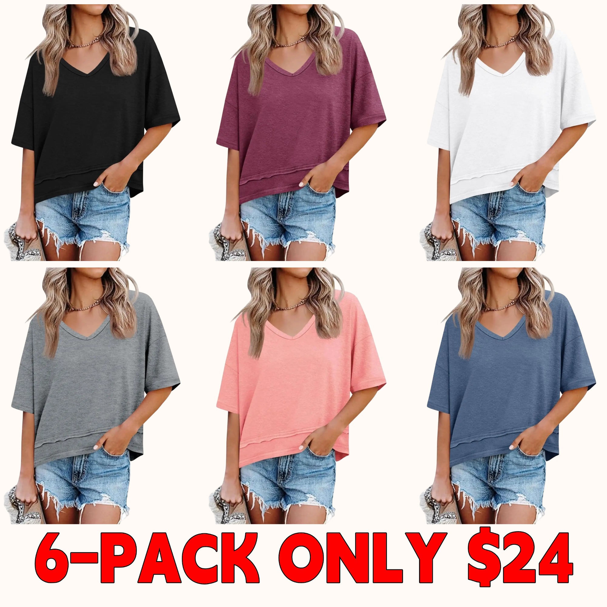 Women's Summer V-Neck T-Shirt — Casual Short-Sleeve Flowy Top | Cute, Loose-Fit Basic Tee