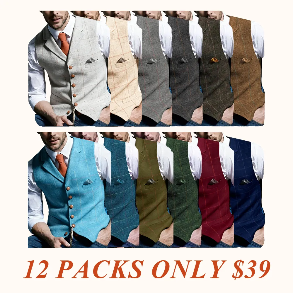 Men's Retro Tweed Vest Herringbone Wool-Polyester Blend Classic Formal & Casual Sleeveless Waistcoat Dress Fabric